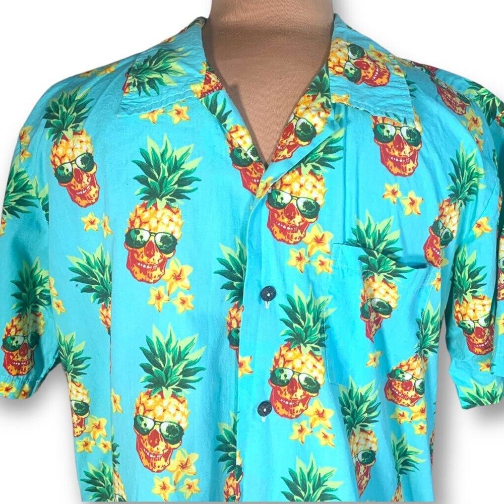 Men’s Hawaii Hangover Shirt Blue Pineapple Skull Camp Collar‎ Short Sleeve